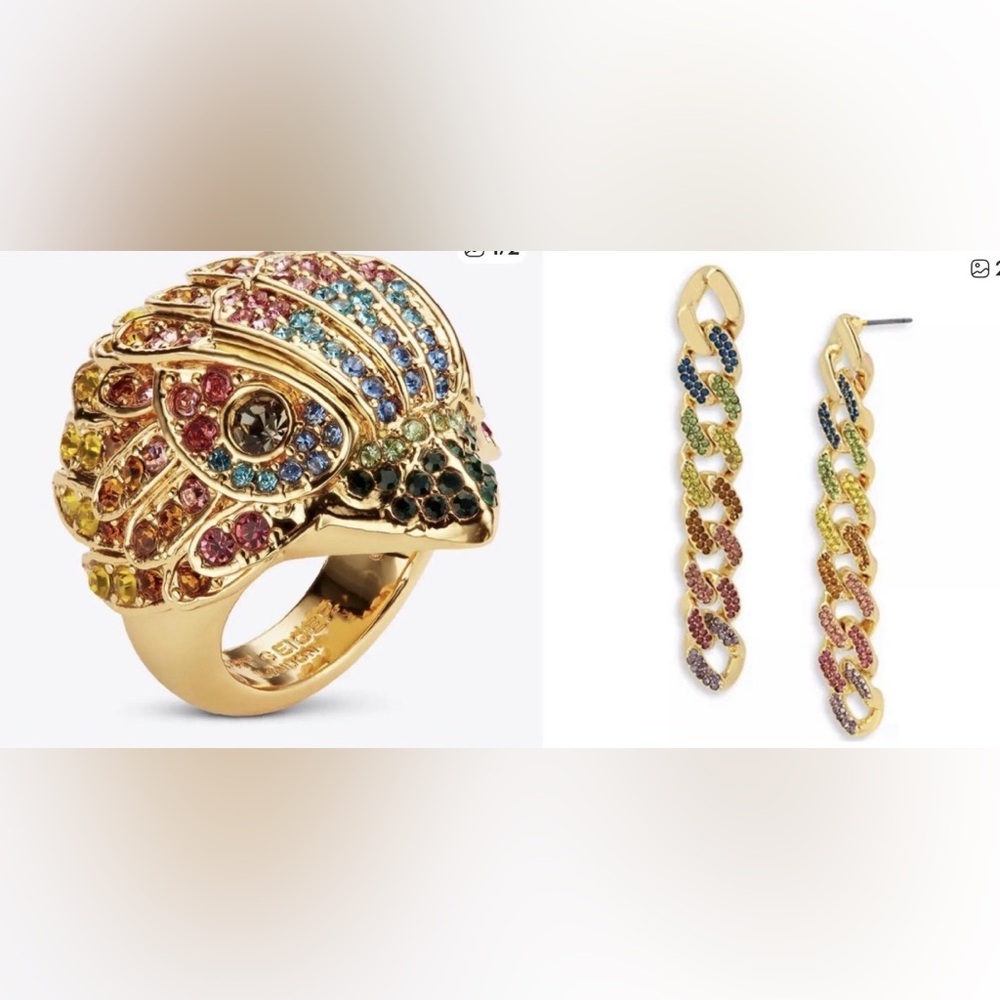 Kurt Geiger London Rainbow Crystal Eagle Ring & Chain Drop Earrings Set